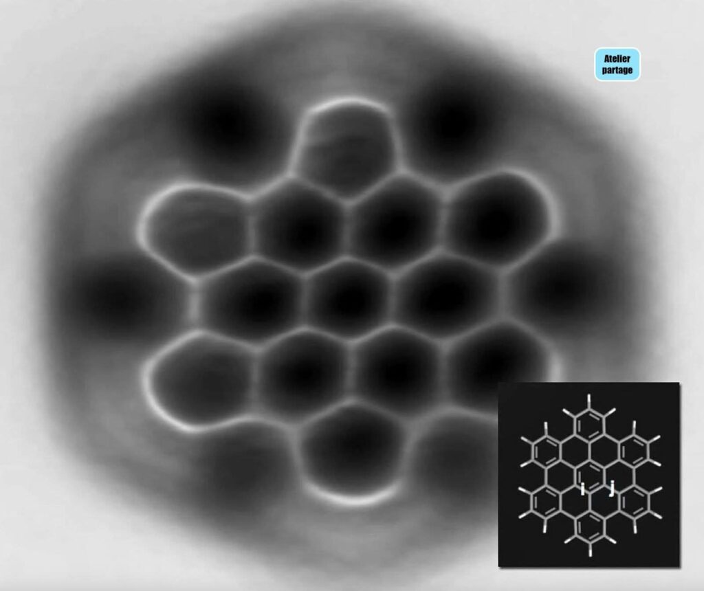 Image de microscopie à force atomique (AFM) révélant la structure réelle en hexagones d'une molécule de nanographène, accompagnée de son schéma chimique.